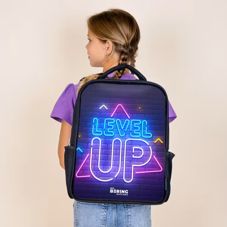 Kids backpack - Black - Neon letters on a brick wall — 4