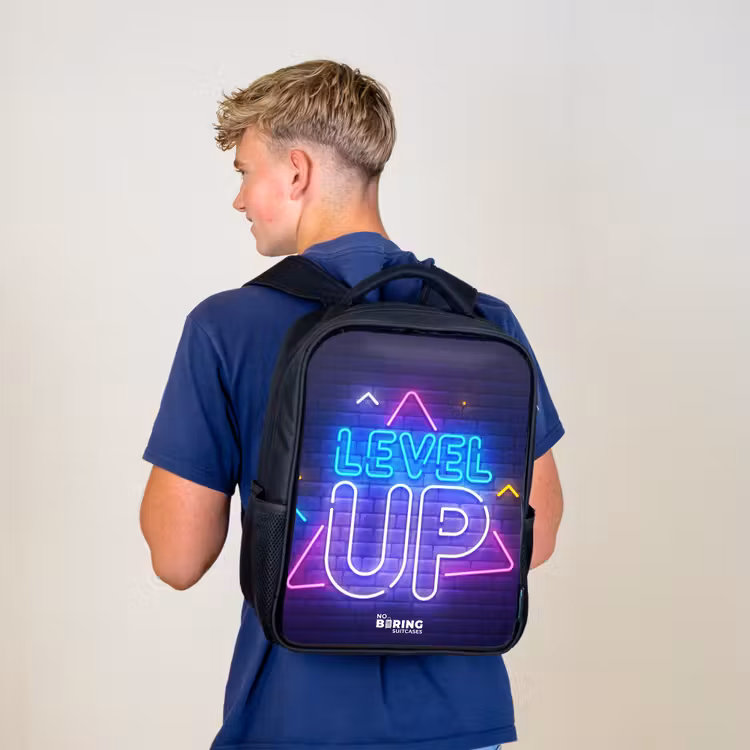 Kids backpack - Black - Neon letters on a brick wall — 5