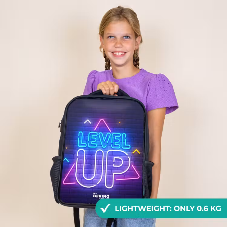 Kids backpack - Black - Neon letters on a brick wall — 9
