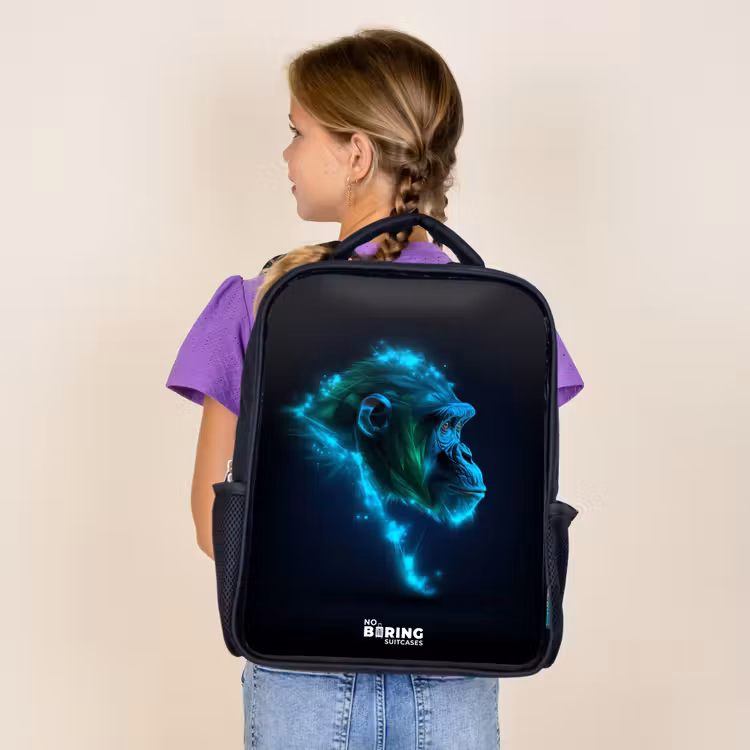 Kids backpack - Black - Neon silhouette of a chimpanzee — 4