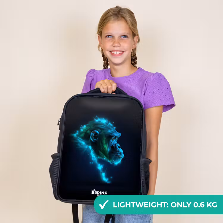 Kids backpack - Black - Neon silhouette of a chimpanzee — 9