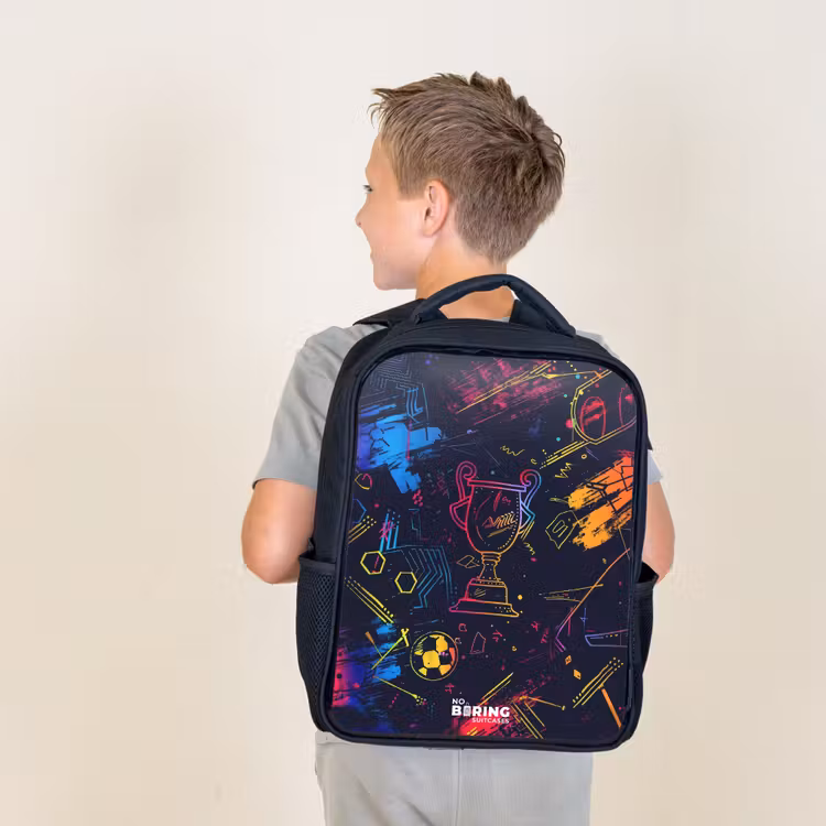 Kids backpack - Black - Neon sports trophy design — 2