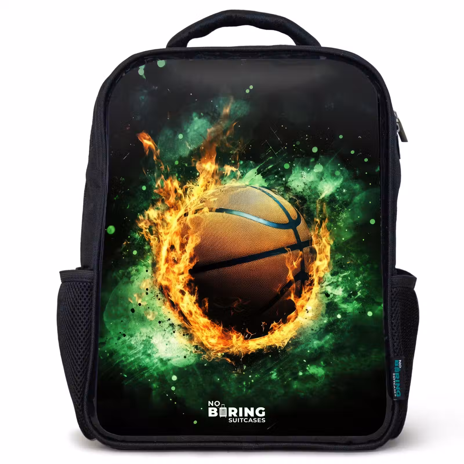 Kids backpack - Black - Basketball in flames and explosive energy — 1