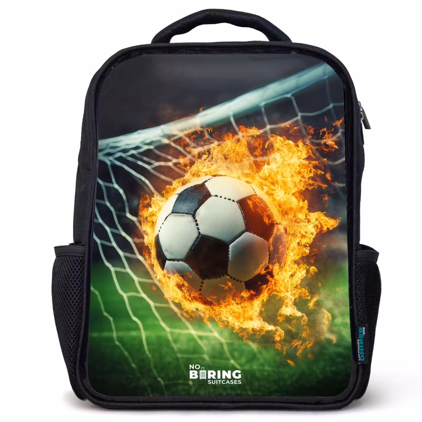 Kids backpack - Black - Fire soccer captured in goal net — 1