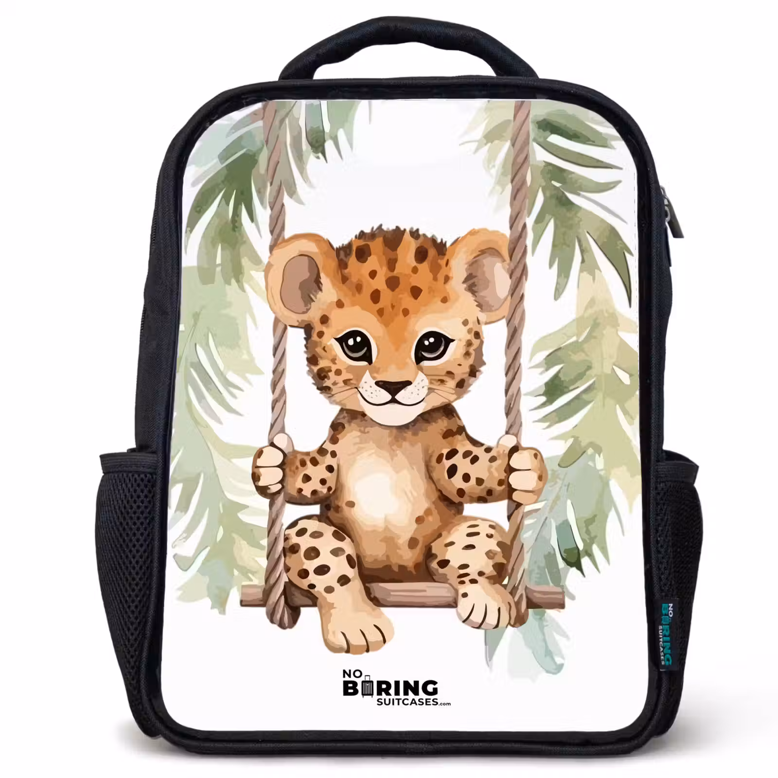 Kids backpack - Black - Leopard cub on a swing watercolor illustration — 1