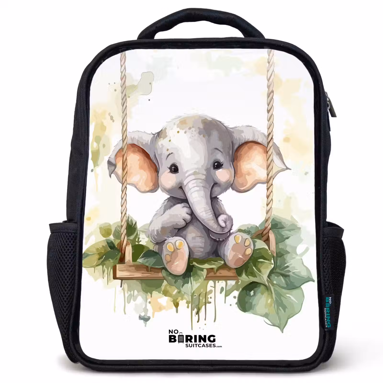 Kids backpack - Black - Young elephant on a swing watercolor drawing — 1