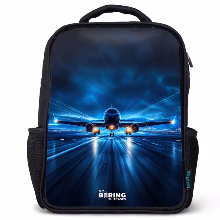 Kids backpack - Black - Airplane taking off in futuristic nightscape — 1