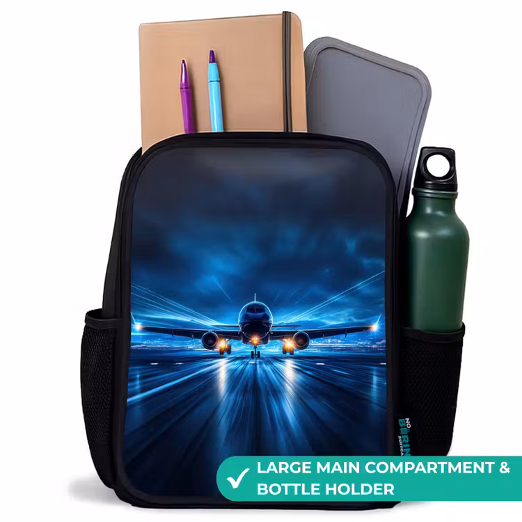 Kids backpack - Black - Airplane taking off in futuristic nightscape — 10