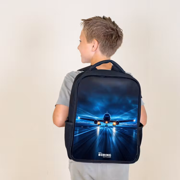 Kids backpack - Black - Airplane taking off in futuristic nightscape — 2