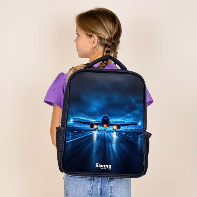 Kids backpack - Black - Airplane taking off in futuristic nightscape — 4