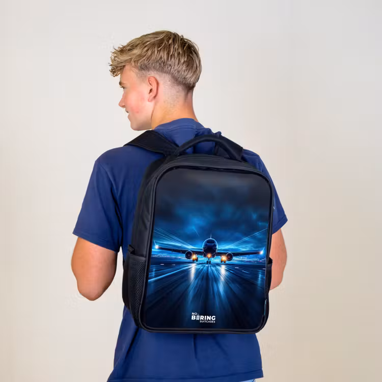 Kids backpack - Black - Airplane taking off in futuristic nightscape — 5