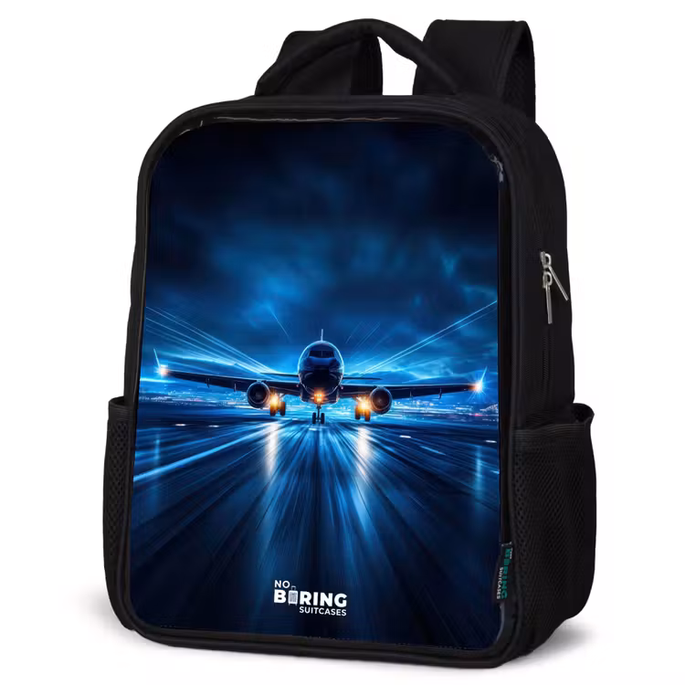 Kids backpack - Black - Airplane taking off in futuristic nightscape — 6