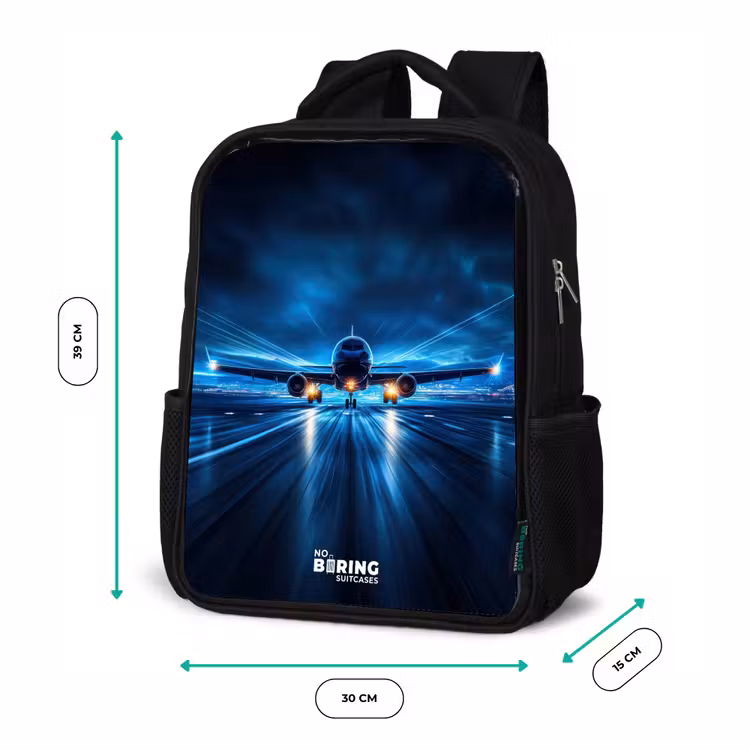 Kids backpack - Black - Airplane taking off in futuristic nightscape — 8