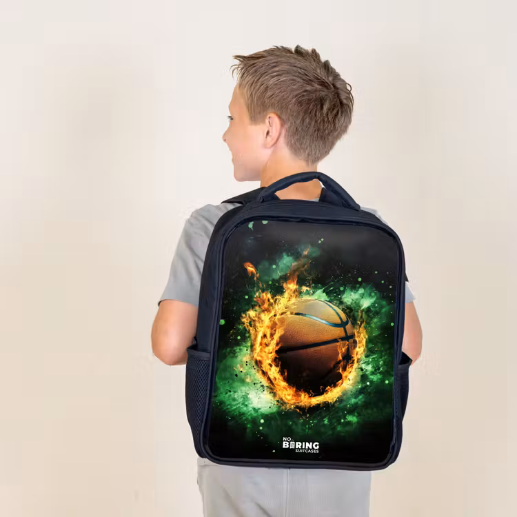 Kids backpack - Black - Basketball in flames and explosive energy — 2