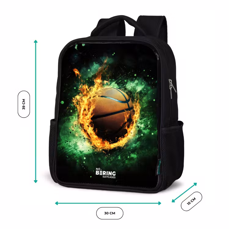 Kids backpack - Black - Basketball in flames and explosive energy — 8