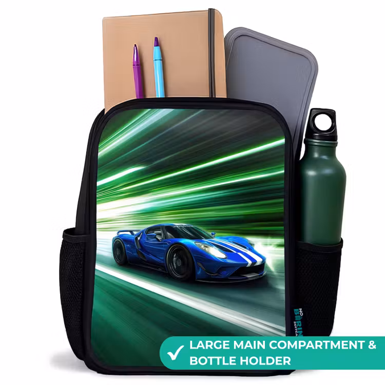 Kids backpack - Black - Blue race car with stripes in green tunnel — 10