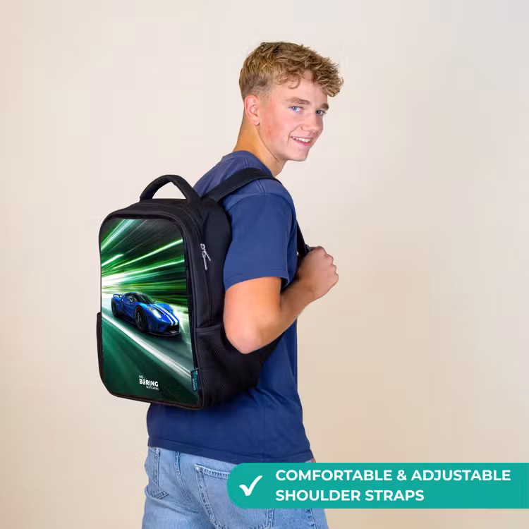Kids backpack - Black - Blue race car with stripes in green tunnel — 11