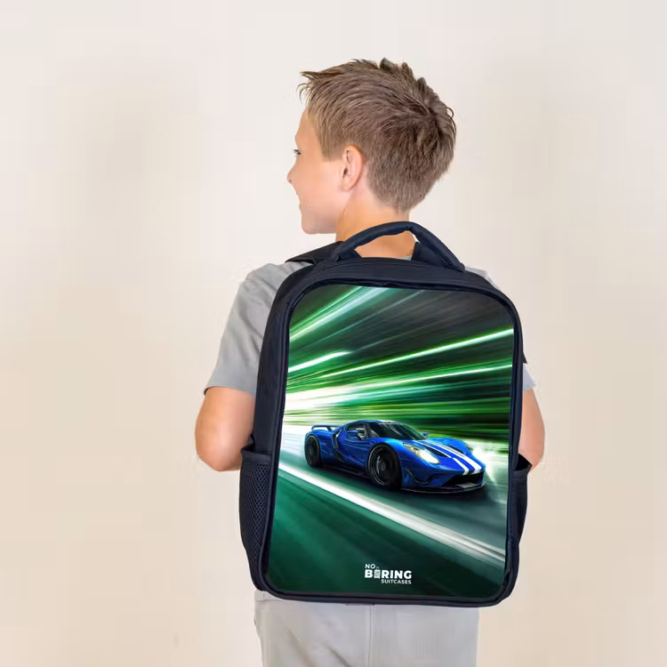 Kids backpack - Black - Blue race car with stripes in green tunnel — 2