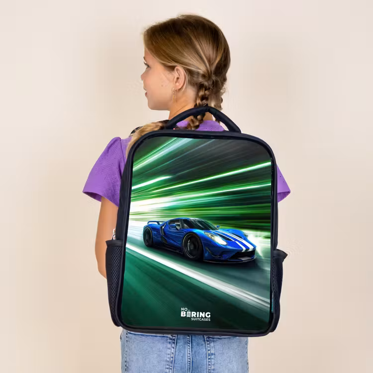Kids backpack - Black - Blue race car with stripes in green tunnel — 4