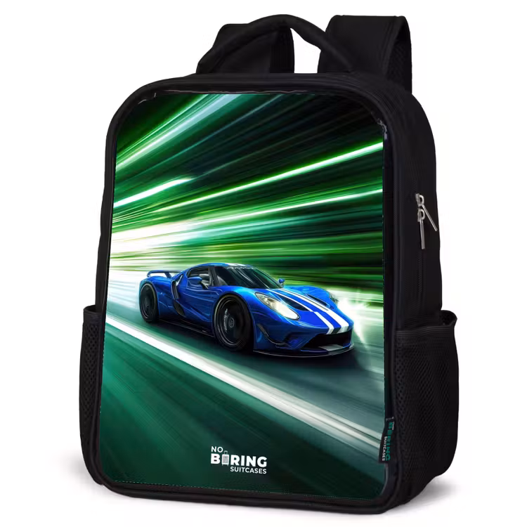 Kids backpack - Black - Blue race car with stripes in green tunnel — 6