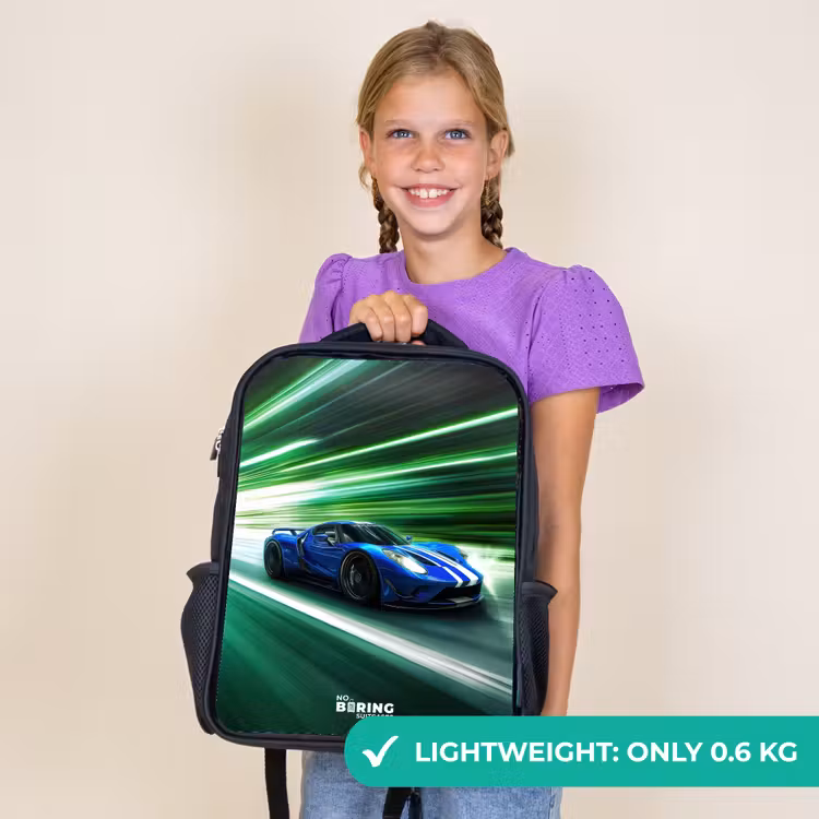 Kids backpack - Black - Blue race car with stripes in green tunnel — 9