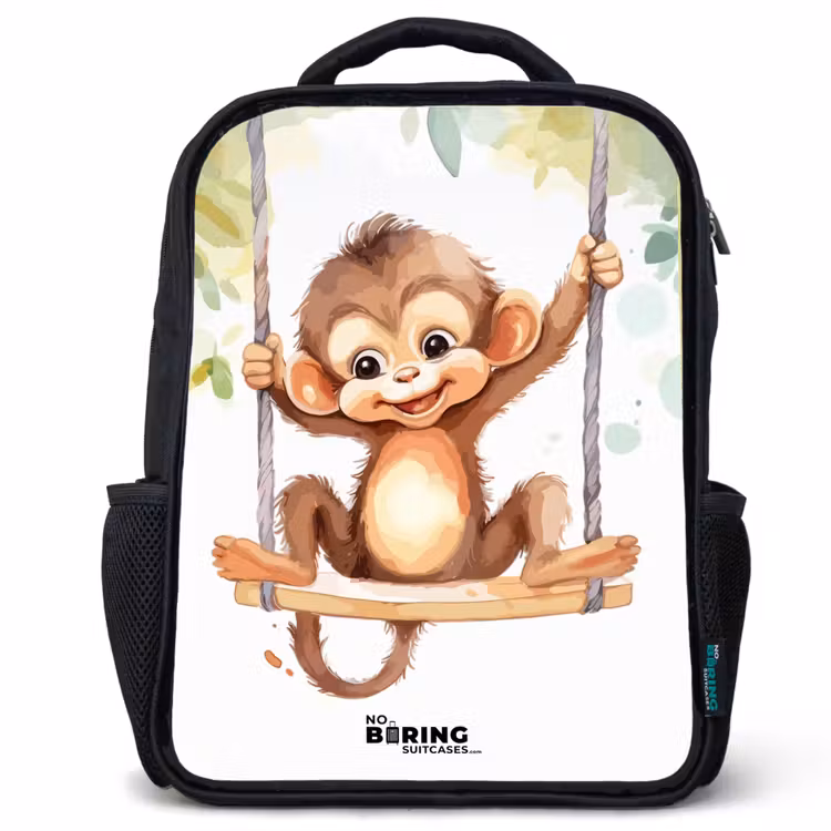 Kids backpack - Black - Cheerful monkey on a swing illustration — 1
