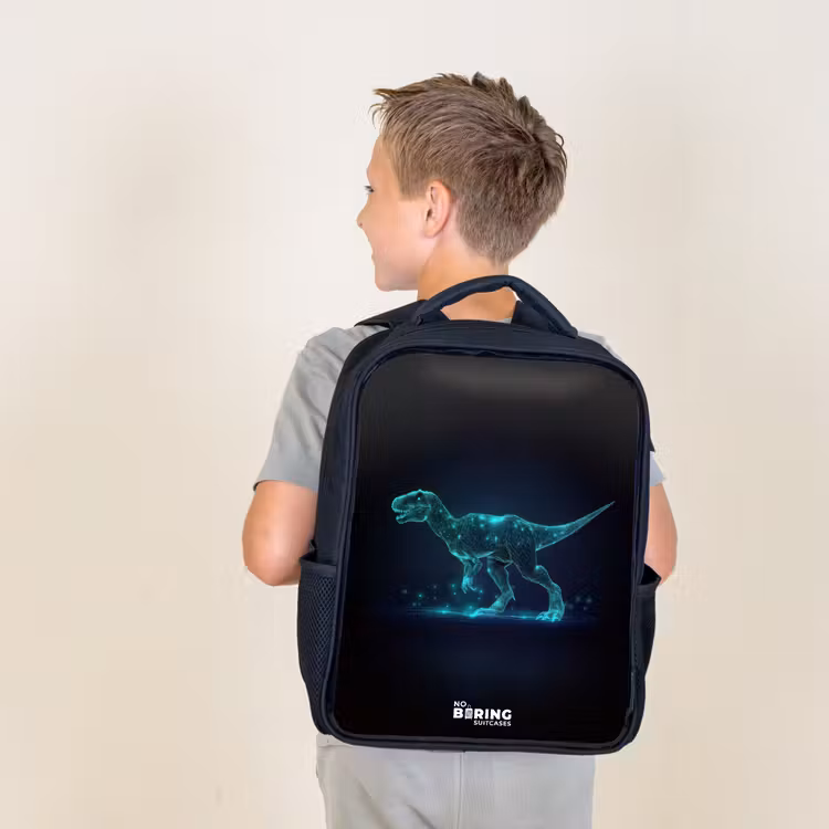 Kids backpack - Black - Digital T-Rex in blue light field — 2