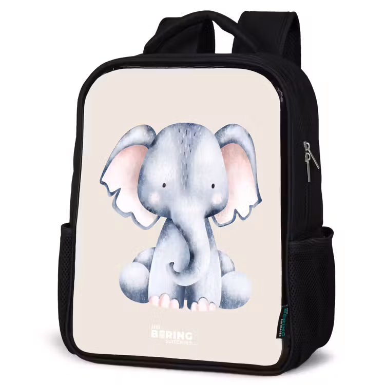Kids backpack - Black - Elephant drawing against a beige background — 6