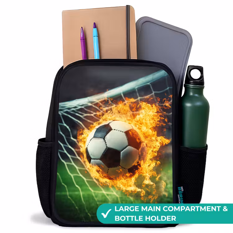 Kids backpack - Black - Fire soccer captured in goal net — 10