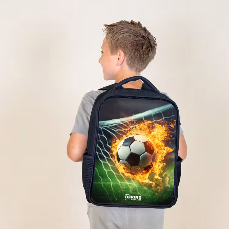 Kids backpack - Black - Fire soccer captured in goal net — 2