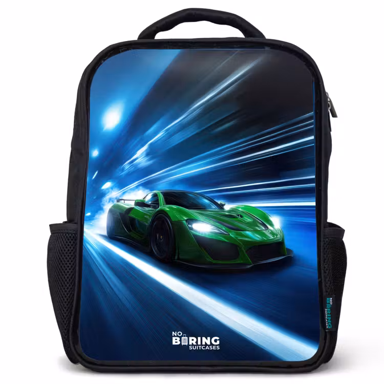 Kids backpack - Black - Green supercar flashes through neon lights — 1