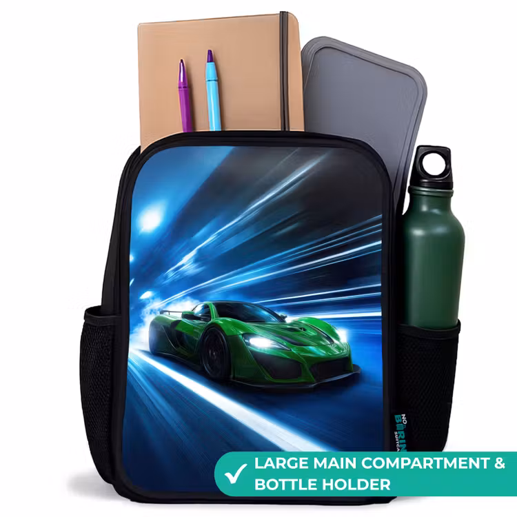 Kids backpack - Black - Green supercar flashes through neon lights — 10