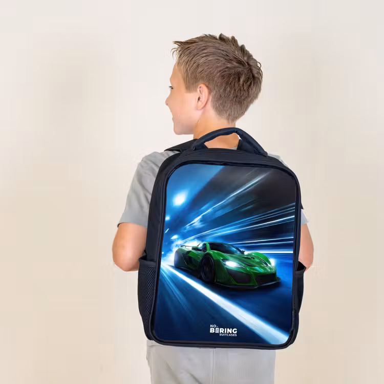 Kids backpack - Black - Green supercar flashes through neon lights — 2