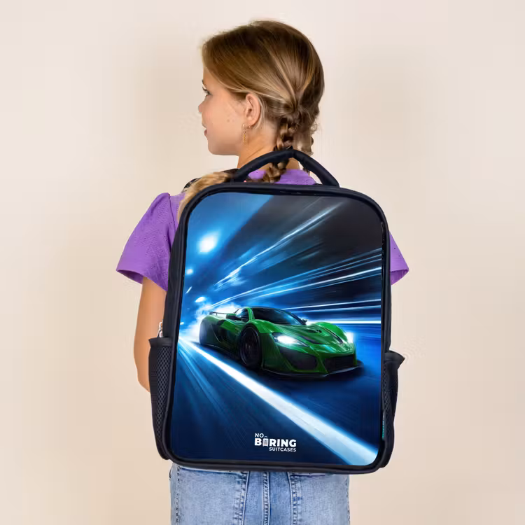 Kids backpack - Black - Green supercar flashes through neon lights — 4