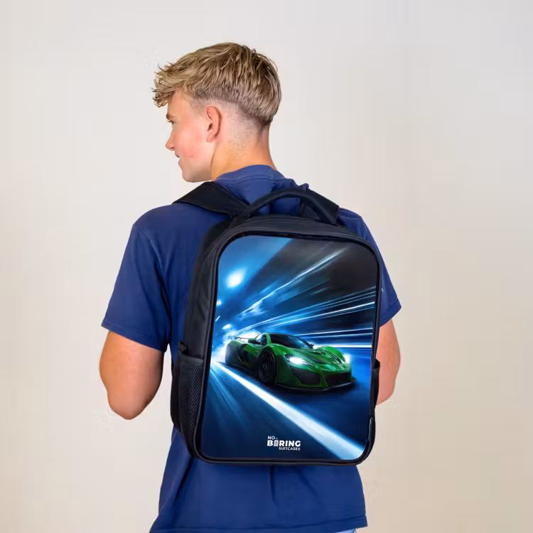 Kids backpack - Black - Green supercar flashes through neon lights — 5