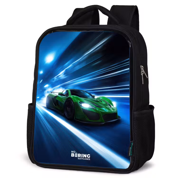 Kids backpack - Black - Green supercar flashes through neon lights — 6