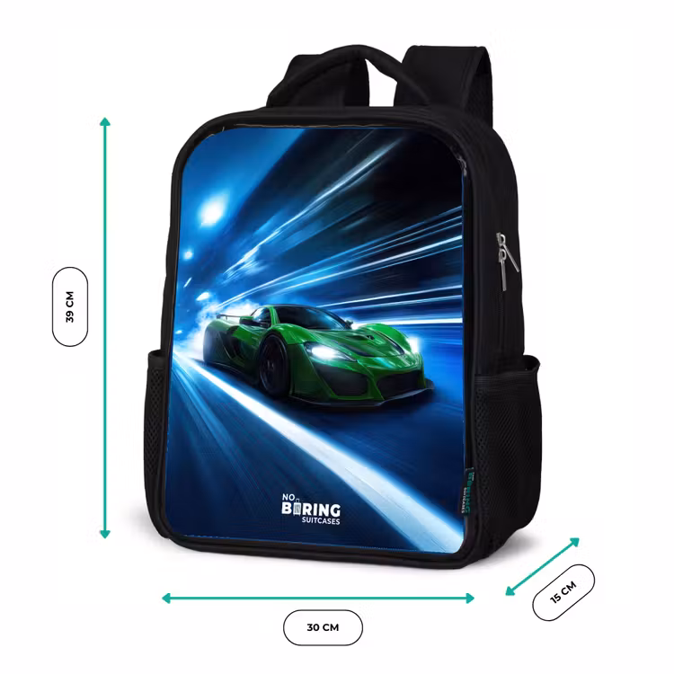 Kids backpack - Black - Green supercar flashes through neon lights — 8
