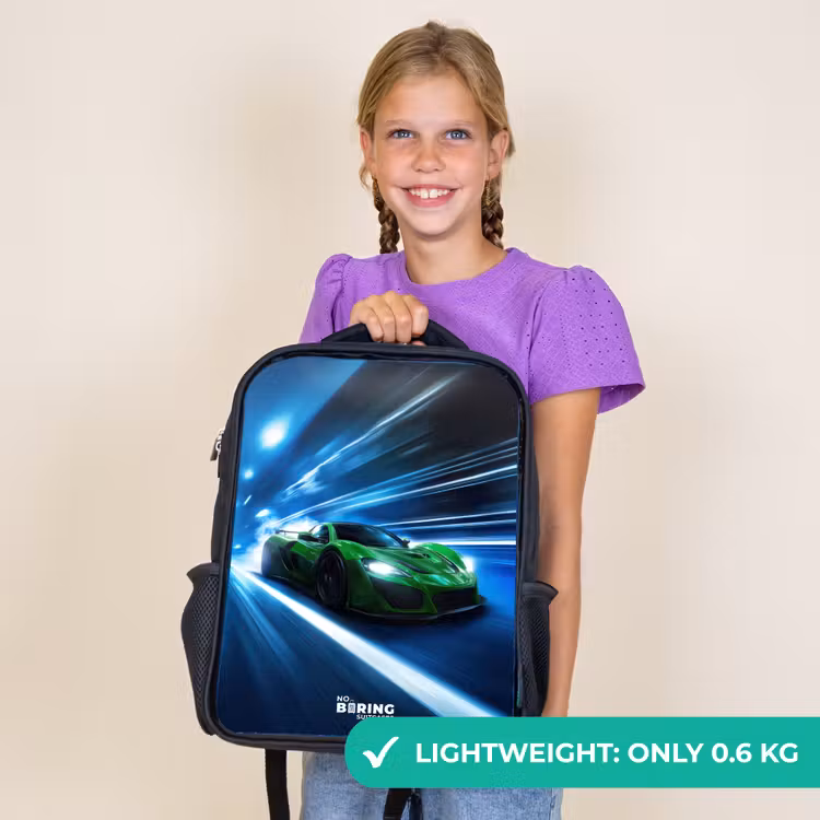 Kids backpack - Black - Green supercar flashes through neon lights — 9