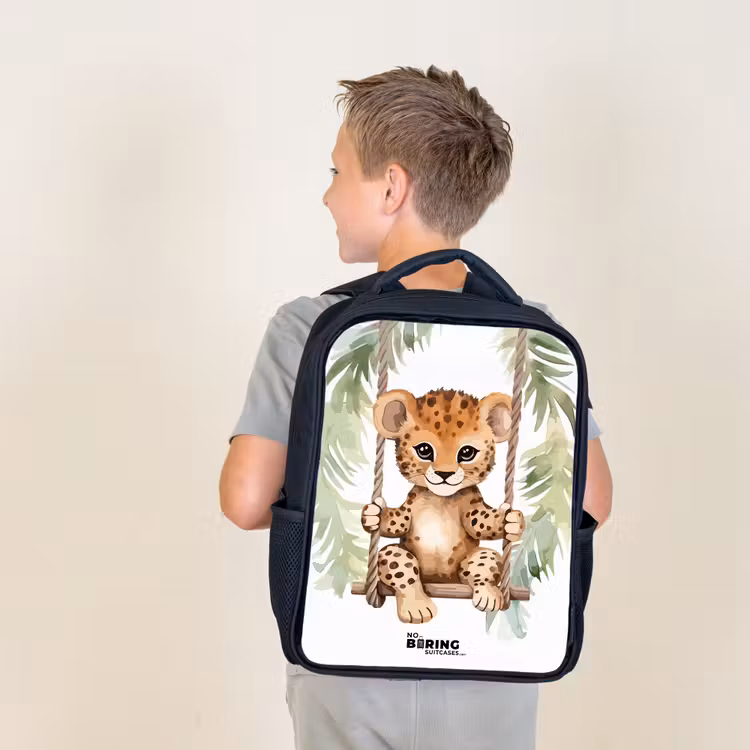 Kids backpack - Black - Leopard cub on a swing watercolor illustration — 2