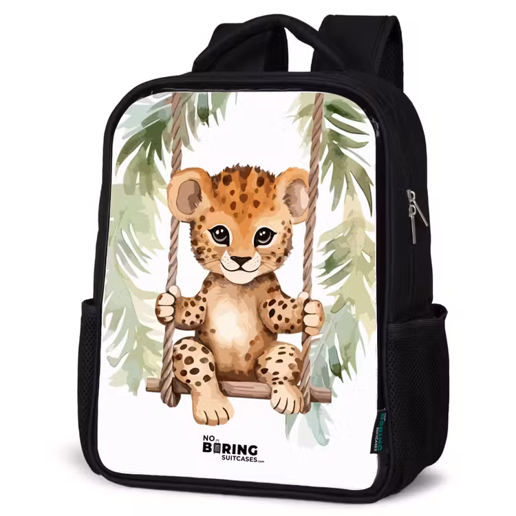 Kids backpack - Black - Leopard cub on a swing watercolor illustration — 6
