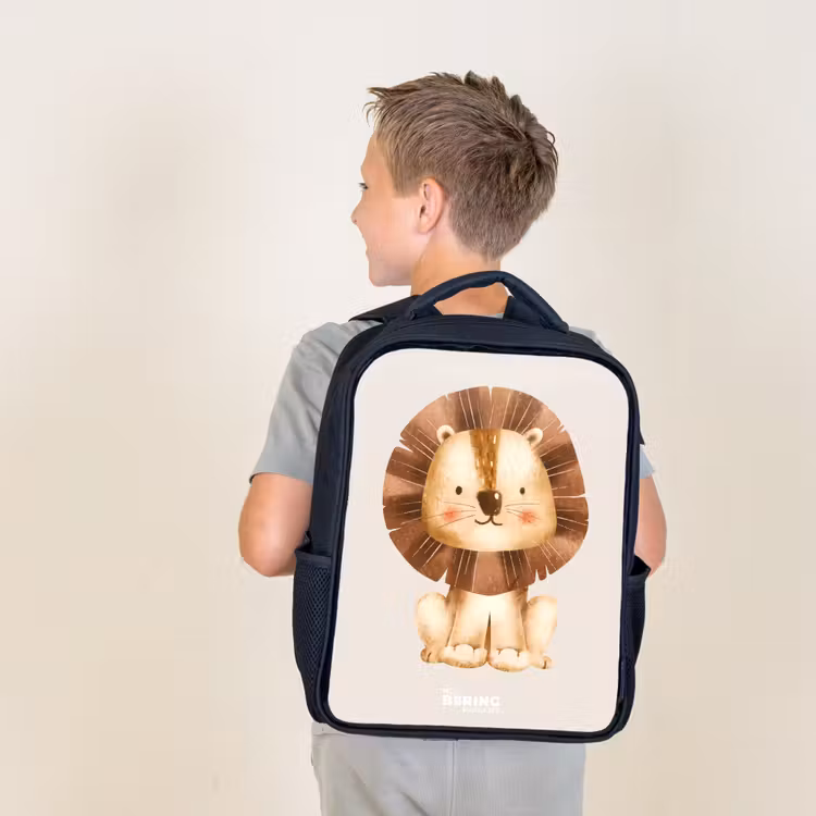 Kids backpack - Black - Lion illustration with beige background — 2