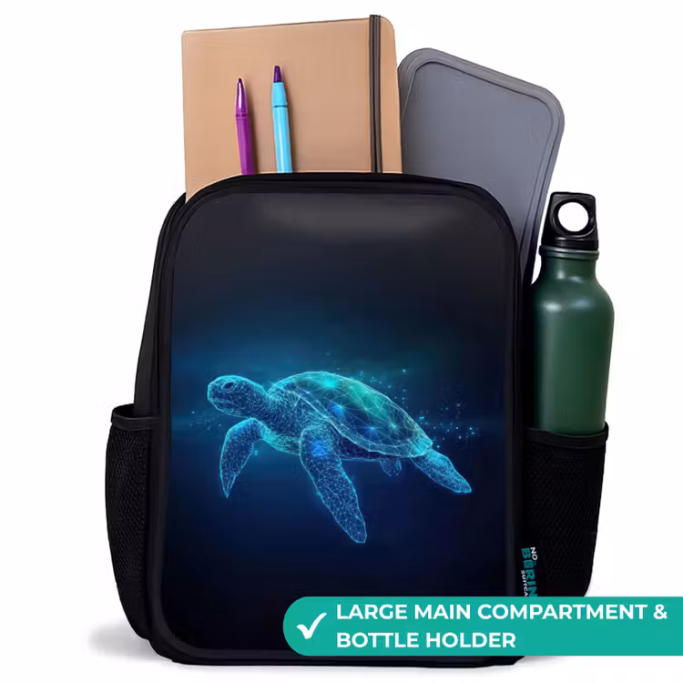 Kids backpack - Black - Luminous turtle in digital ocean — 10
