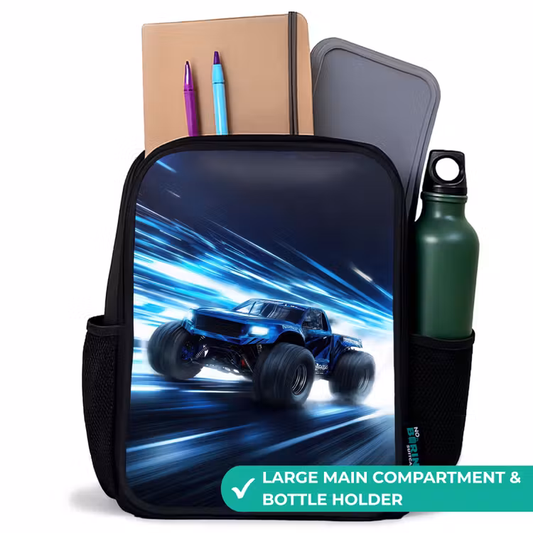 Kids backpack - Black - Monster truck races through light speed — 10