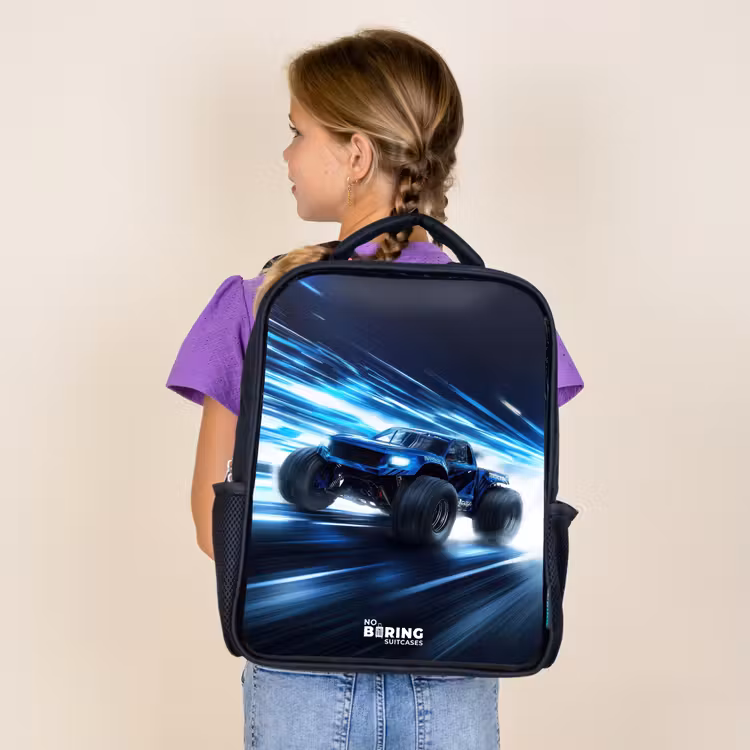 Kids backpack - Black - Monster truck races through light speed — 4