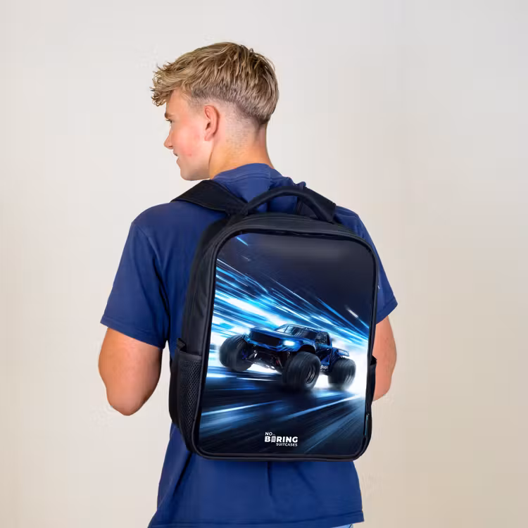 Kids backpack - Black - Monster truck races through light speed — 5