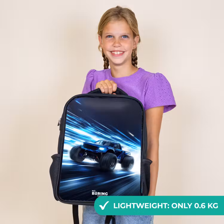 Kids backpack - Black - Monster truck races through light speed — 9