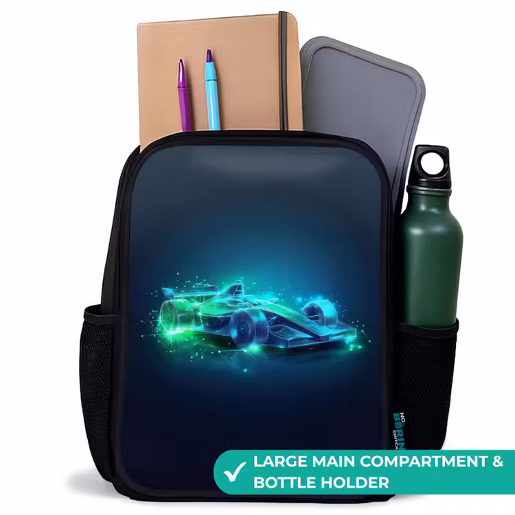 Kids backpack - Black - Neon racing car in digital style — 10