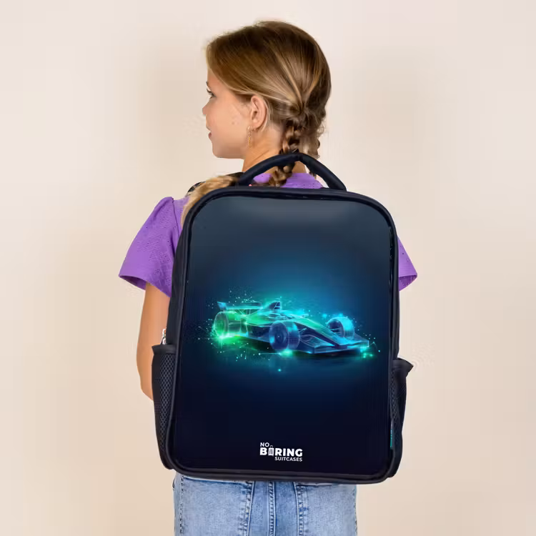 Kids backpack - Black - Neon racing car in digital style — 4