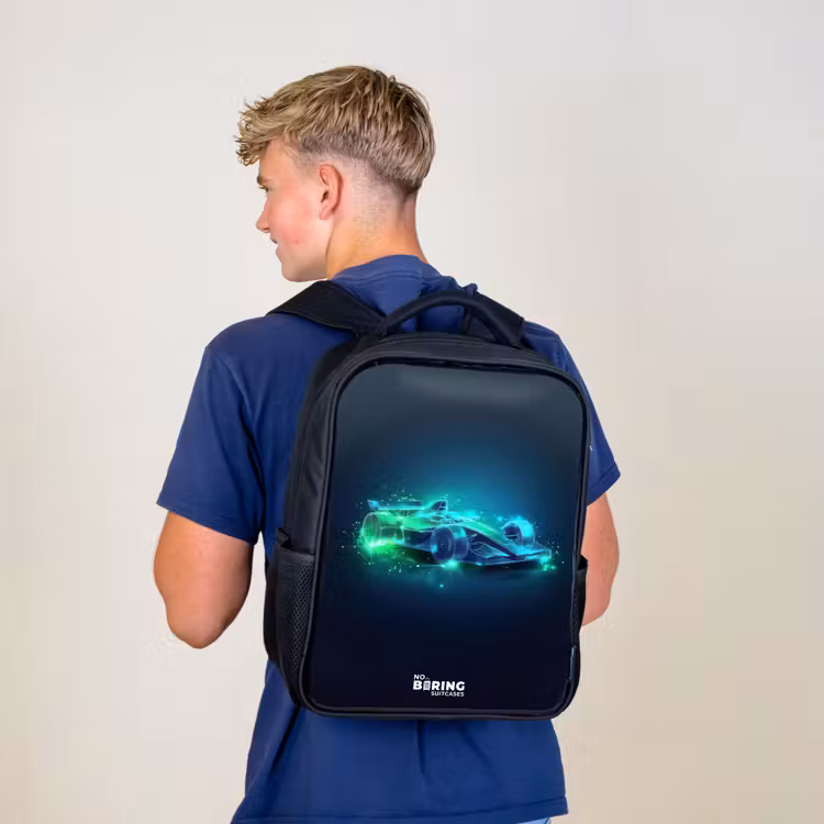 Kids backpack - Black - Neon racing car in digital style — 5