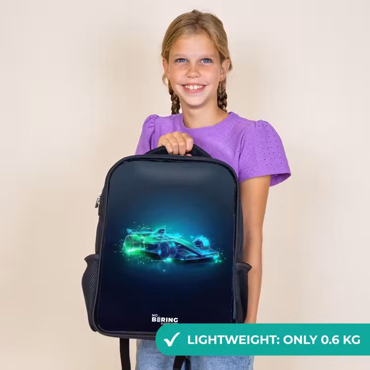 Kids backpack - Black - Neon racing car in digital style — 9